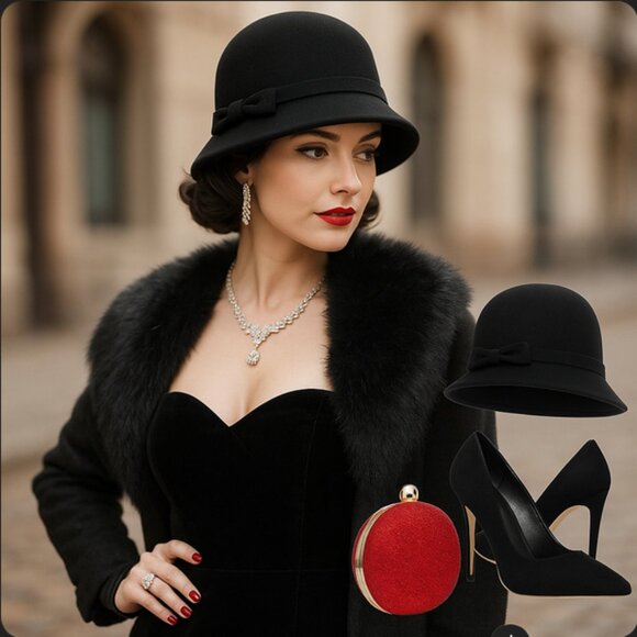 ✨ Classic Black Bowler Hat with Bow – Timeless Elegance ✨ - Picture 1 of 8